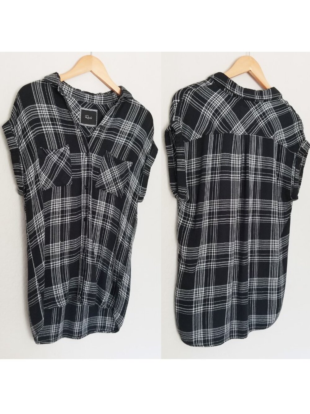 Rails Britt Cap Sleeves Flannel Shirt Button Down Top Black White Size XS $128 - Picture 14 of 15